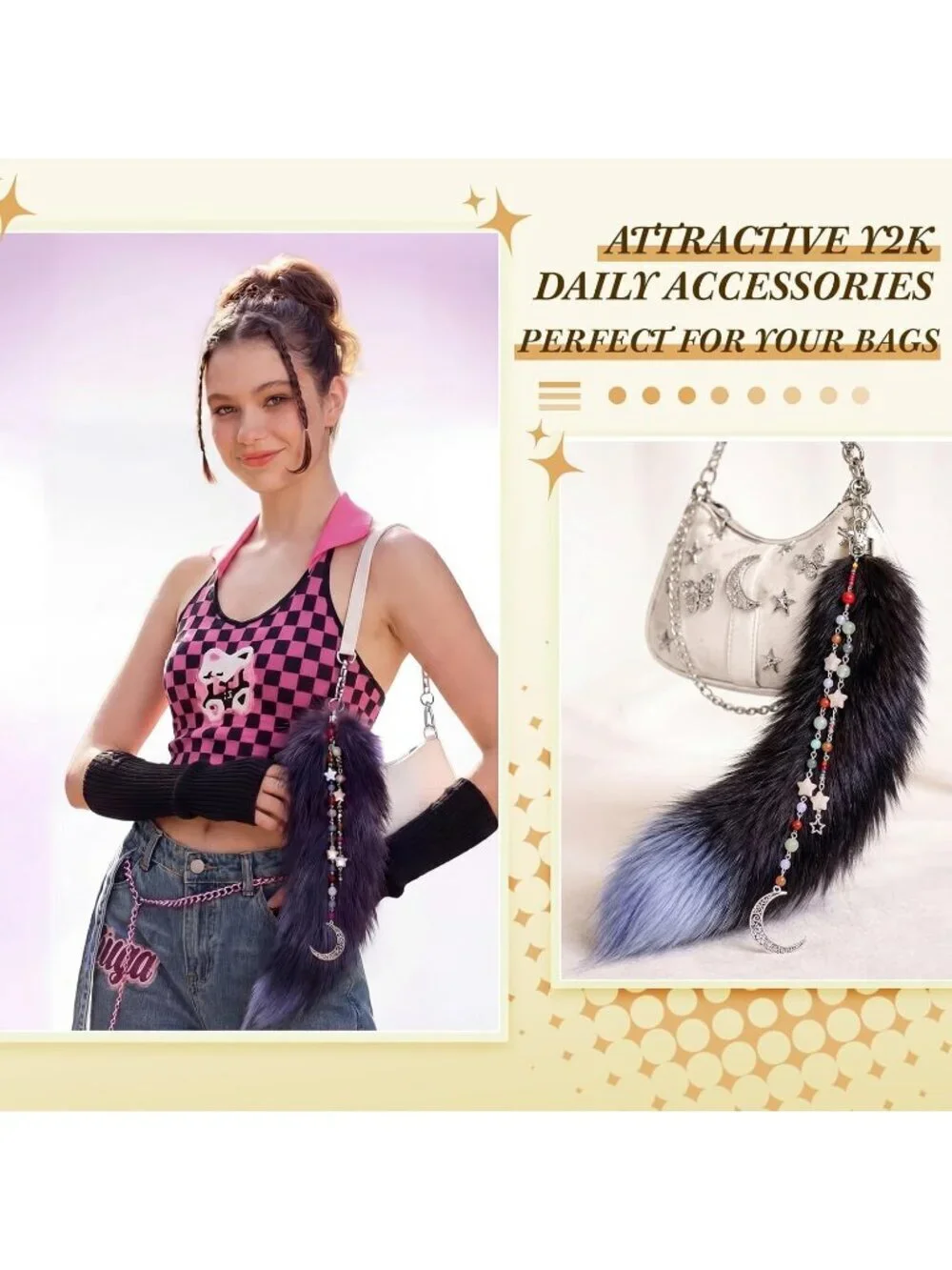Women's Black Fox 11.8 Inch Fluffy Therian Fox Tail Keychain and Beaded Pendant